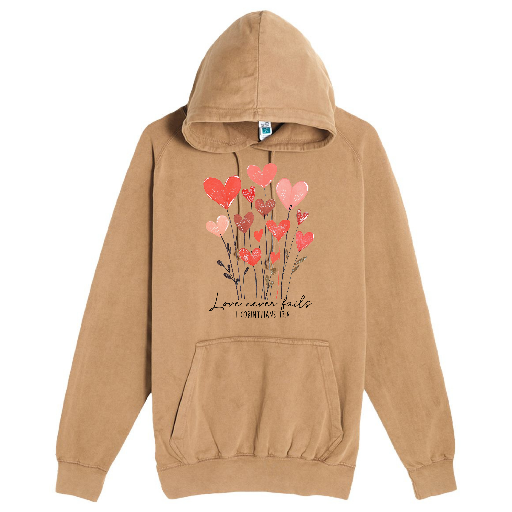 Love Never Fails Floral Hearts Vintage Washed Hoodie – 1 Corinthians 13:8